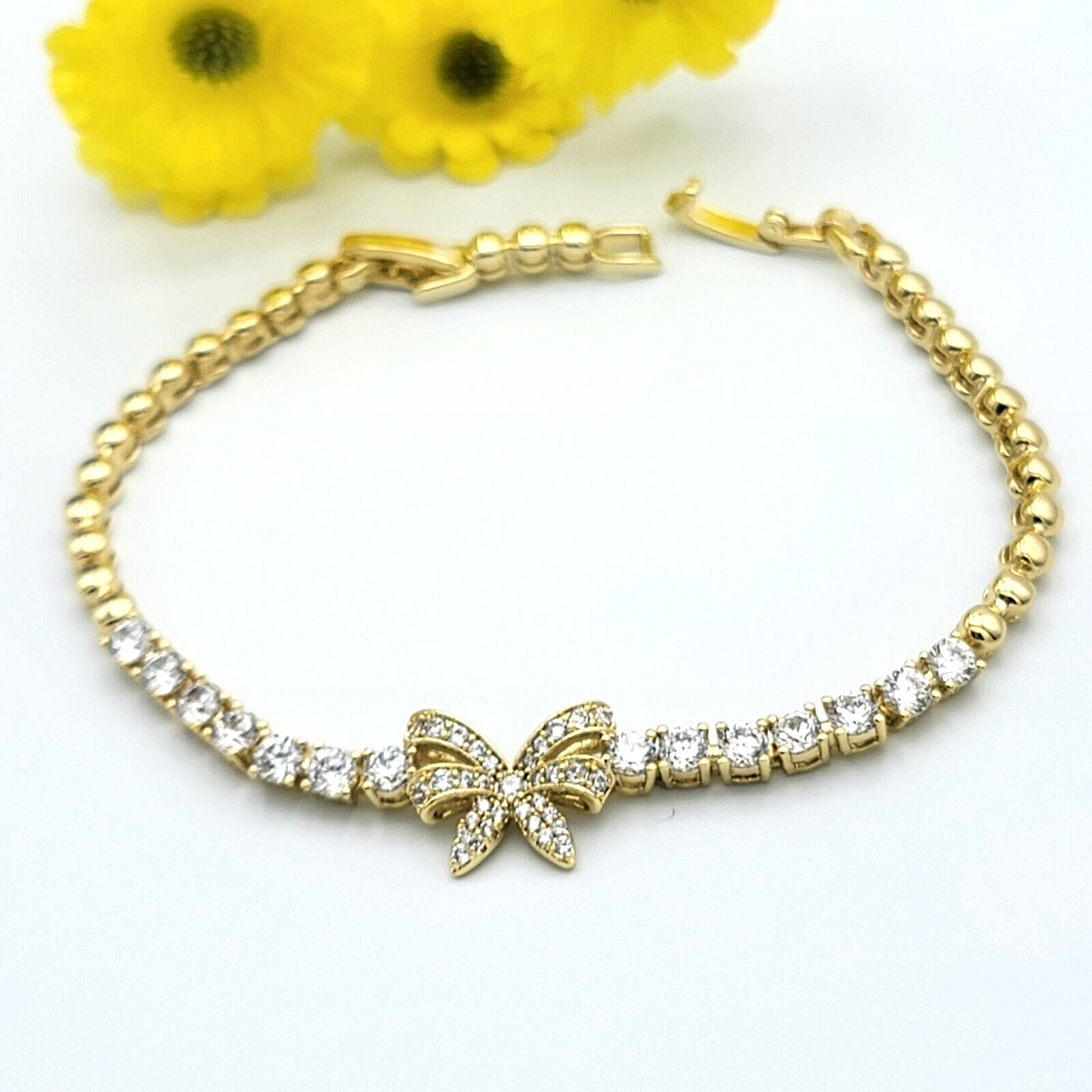 Bracelets - 14K Gold Plated. Clear Crystals Bow Gift Bracelet. Cute Elegant