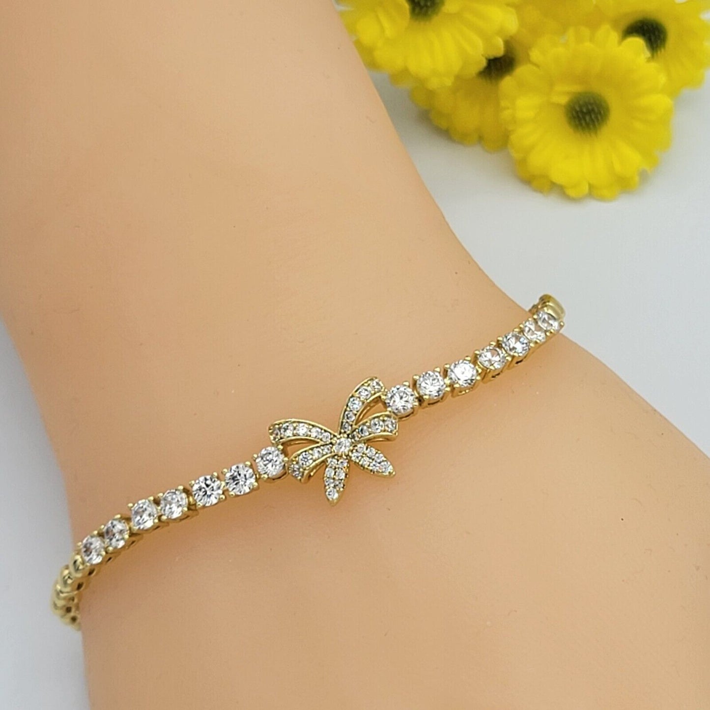 Bracelets - 14K Gold Plated. Clear Crystals Bow Gift Bracelet. Cute Elegant