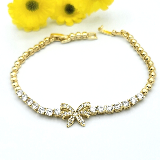 Bracelets - 14K Gold Plated. Clear Crystals Bow Gift Bracelet. Cute Elegant