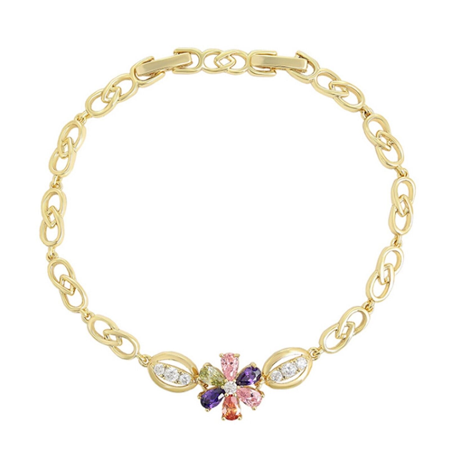 Bracelets - 14K Gold Plated. Multicolor Crystals Flower Bracelet Oro Laminado