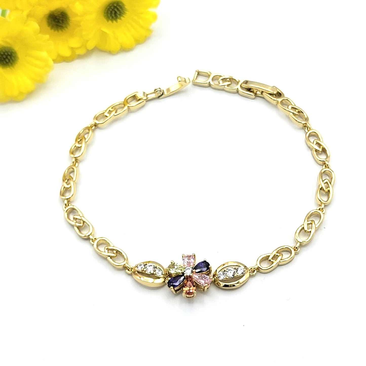 Bracelets - 14K Gold Plated. Multicolor Crystals Flower Bracelet Oro Laminado