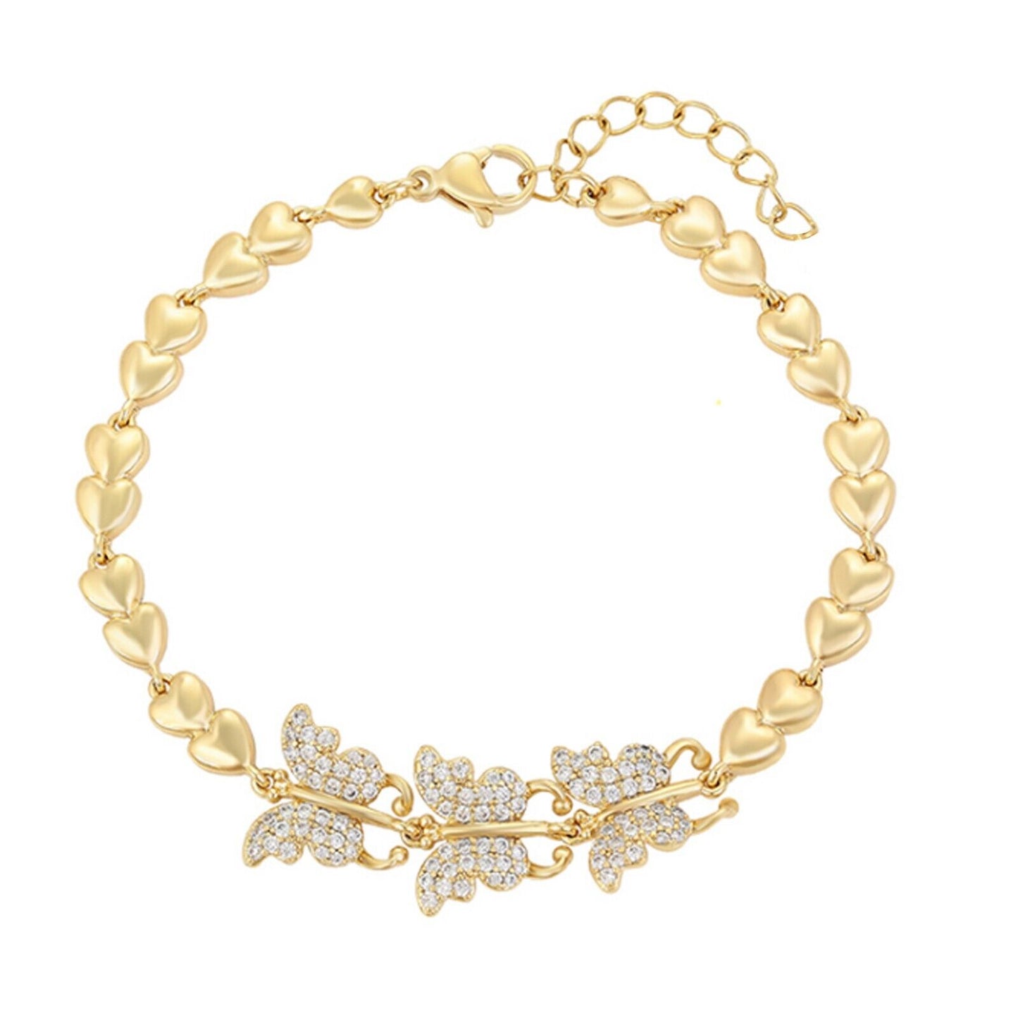Bracelets - 14K Gold Plated. 3 Butterflies Icy Crystals Bracelet. Hearts chains