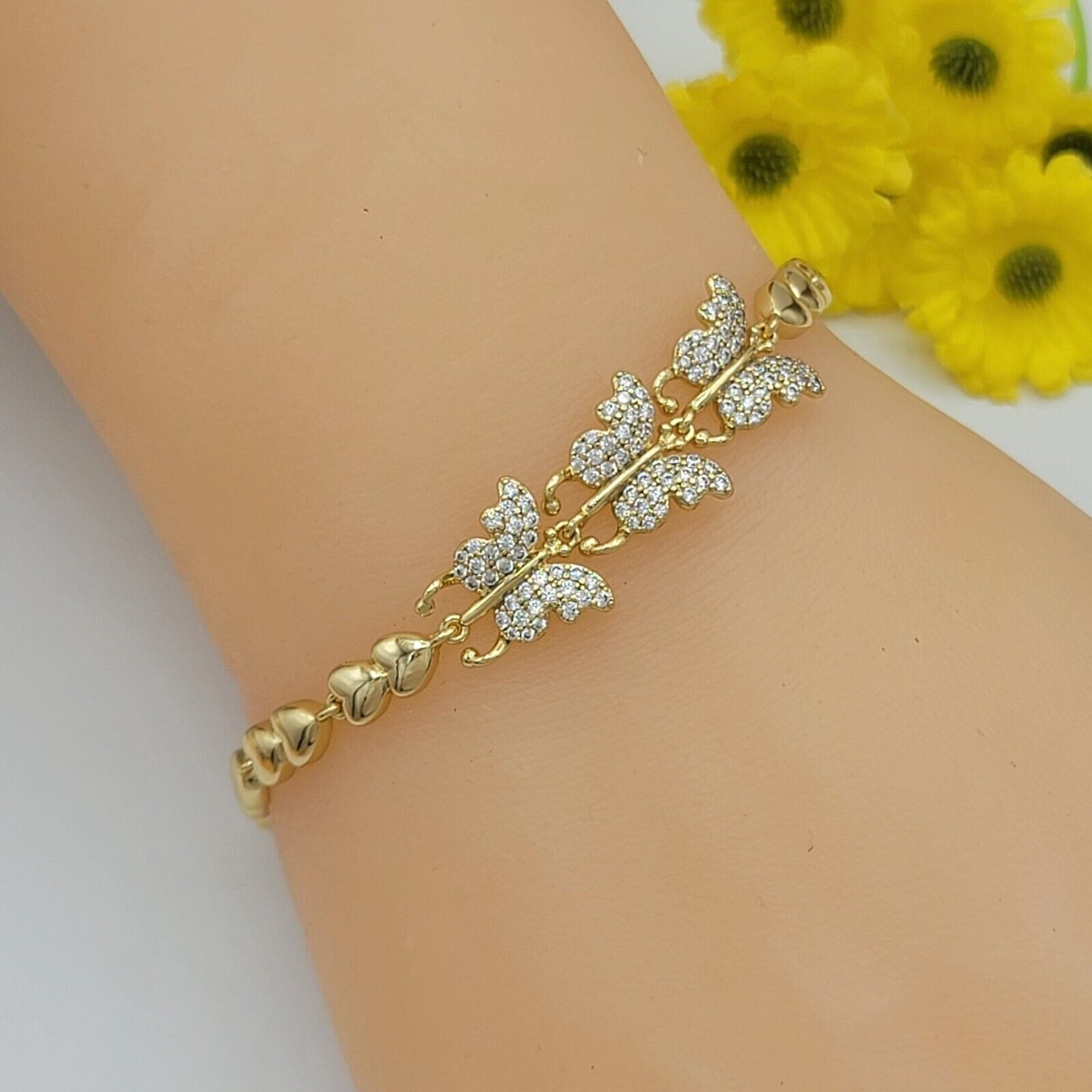 Bracelets - 14K Gold Plated. 3 Butterflies Icy Crystals Bracelet. Hearts chains