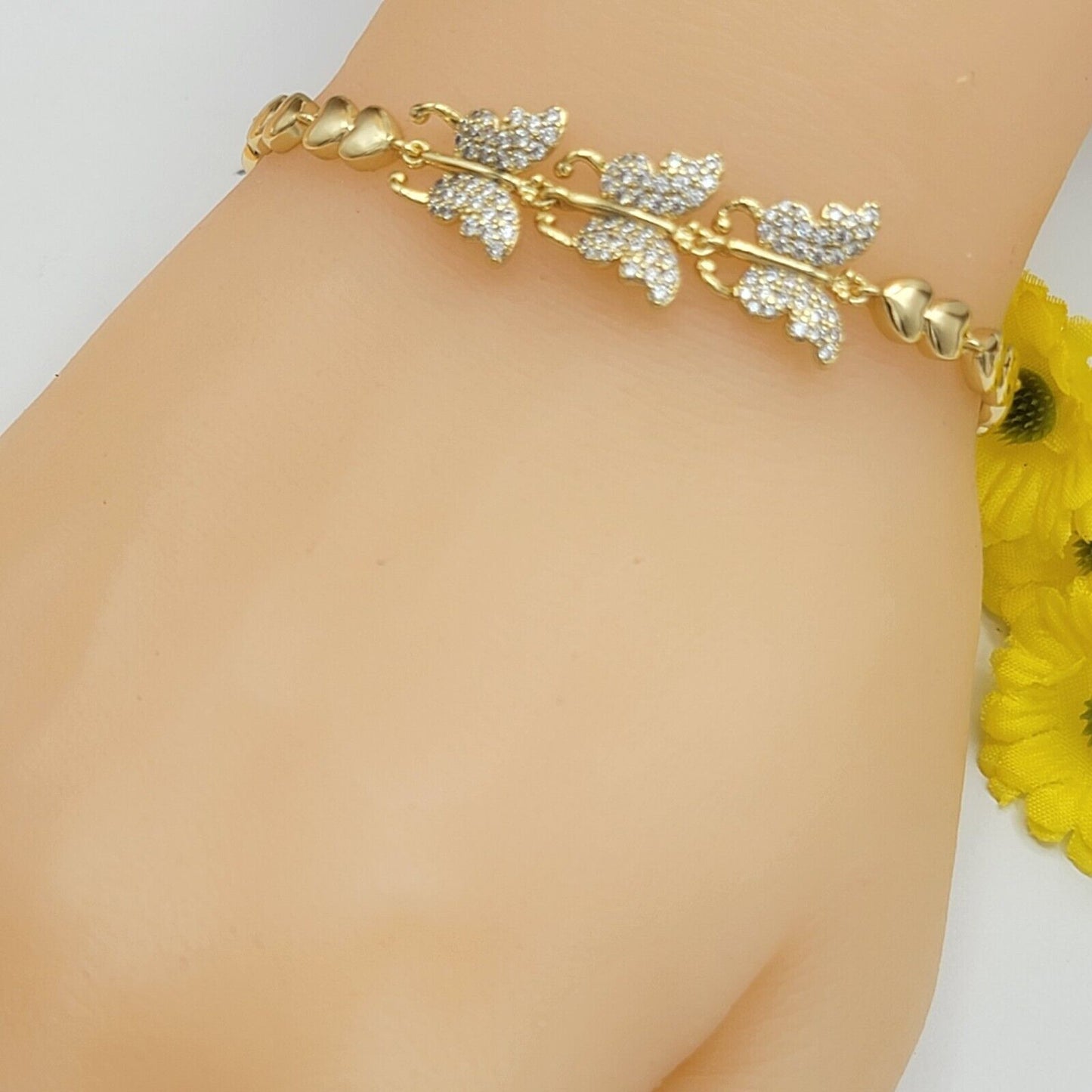 Bracelets - 14K Gold Plated. 3 Butterflies Icy Crystals Bracelet. Hearts chains