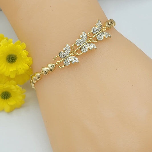 Bracelets - 14K Gold Plated. 3 Butterflies Icy Crystals Bracelet. Hearts chains