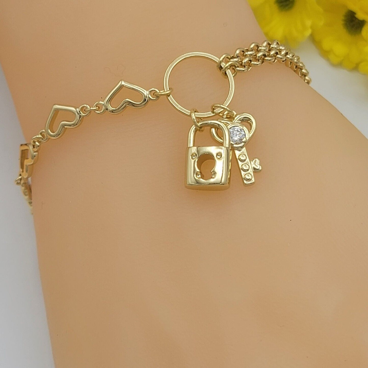 Bracelets - 14K Gold Plated. Padlock & Key Charms Hearts & Double Chain Bracelet Fancy Unique