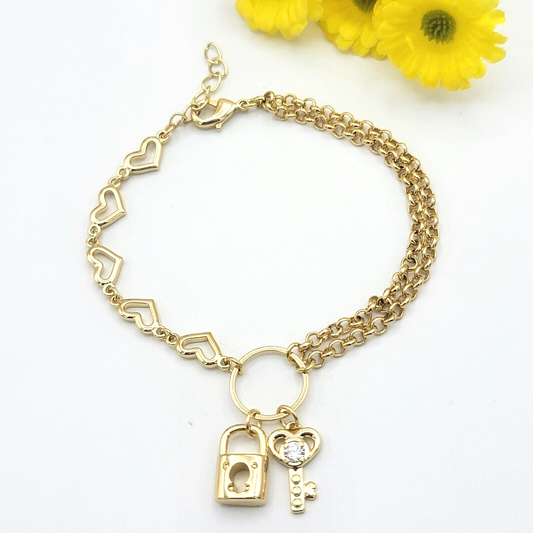 Bracelets - 14K Gold Plated. Padlock & Key Charms Hearts & Double Chain Bracelet Fancy Unique