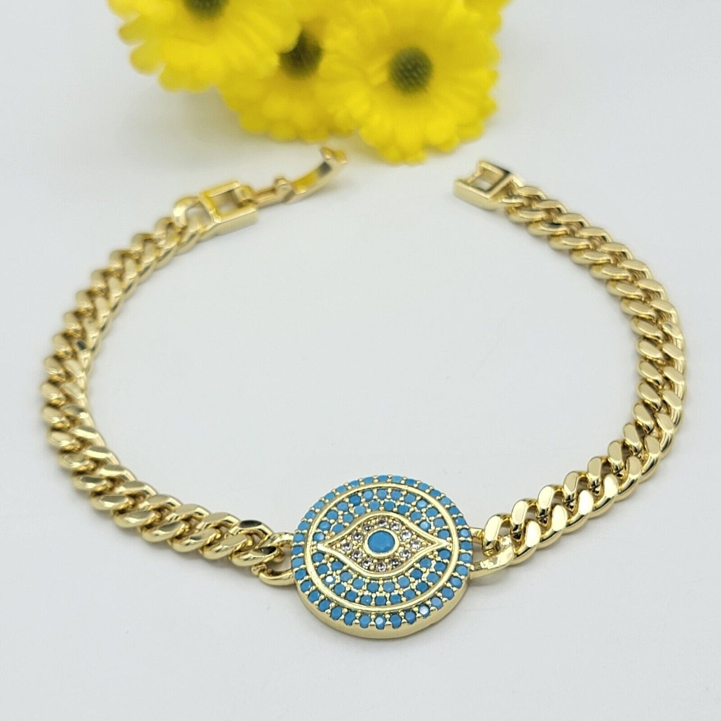 Bracelets - 14K Gold Plated. Blue Crystals Evil Eye Bracelet. Curb Link Chain. Amulet.