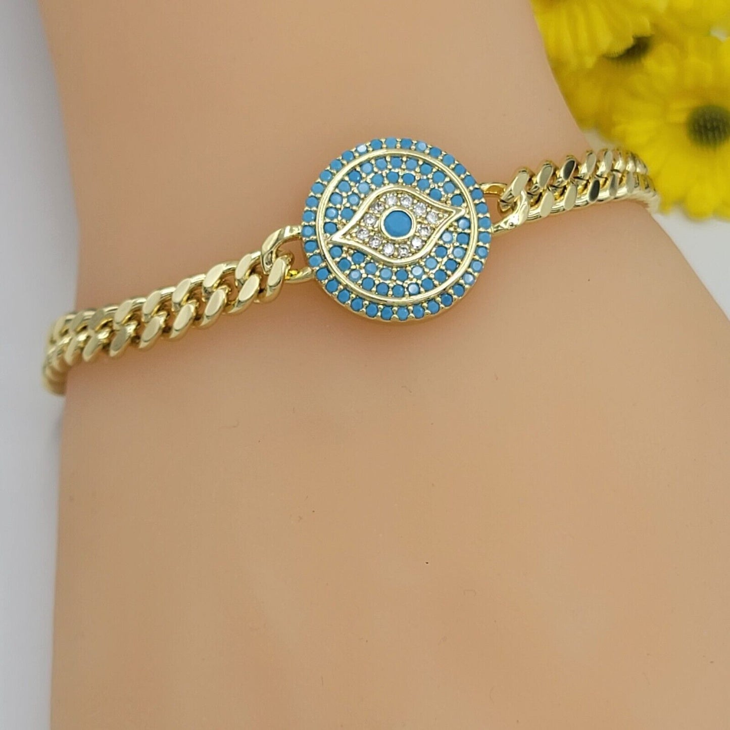 Bracelets - 14K Gold Plated. Blue Crystals Evil Eye Bracelet. Curb Link Chain. Amulet.