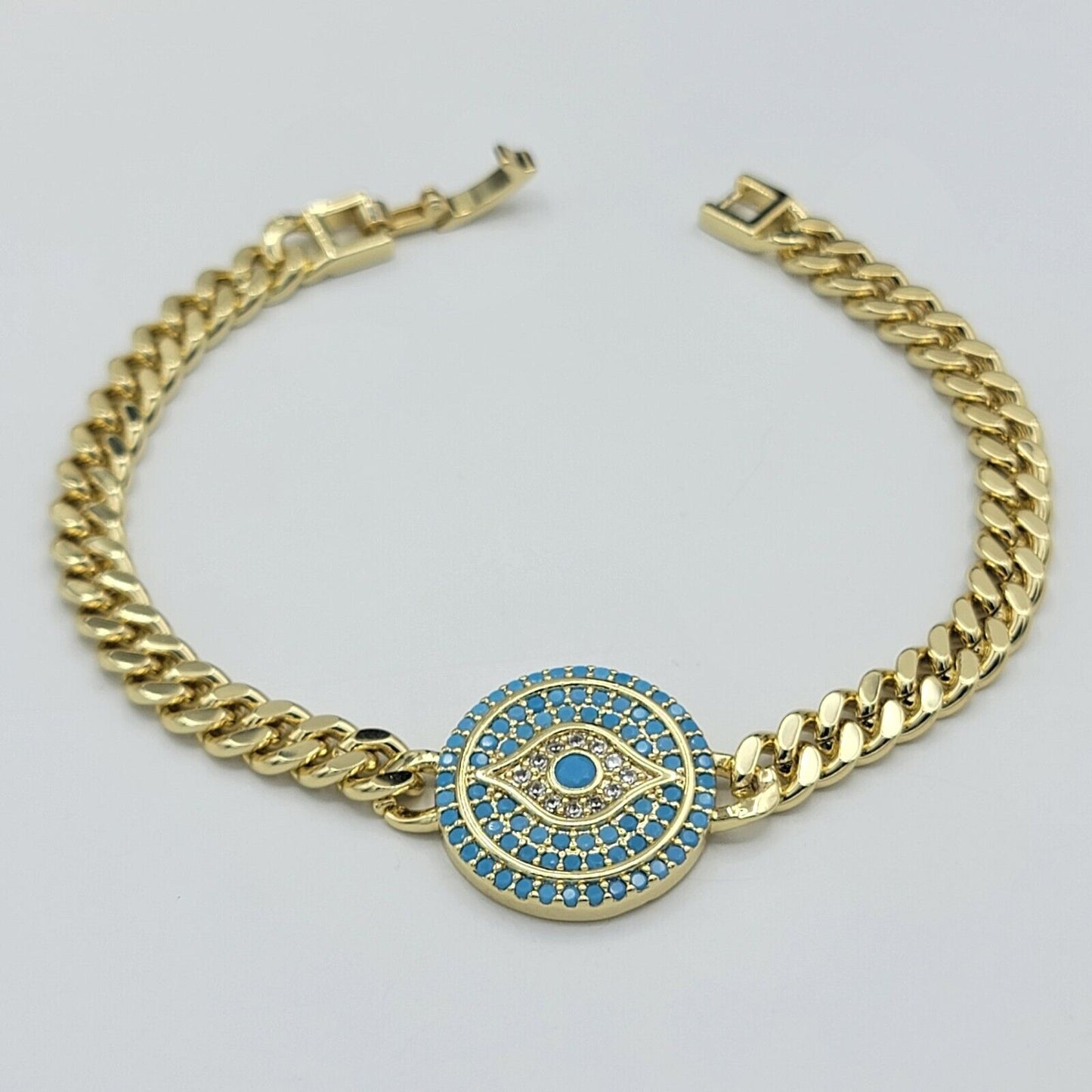 Bracelets - 14K Gold Plated. Blue Crystals Evil Eye Bracelet. Curb Link Chain. Amulet.