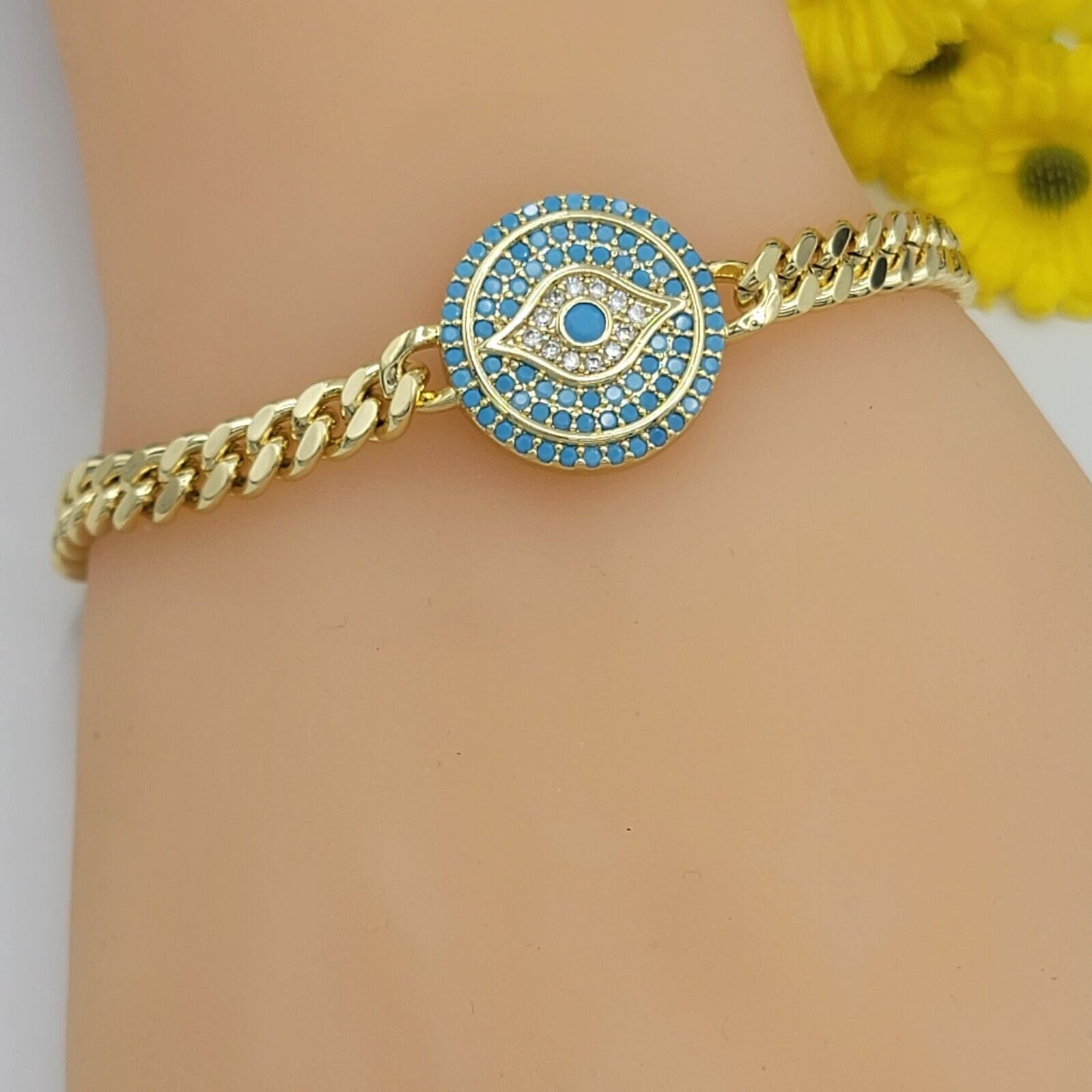 Bracelets - 14K Gold Plated. Blue Crystals Evil Eye Bracelet. Curb Link Chain. Amulet.