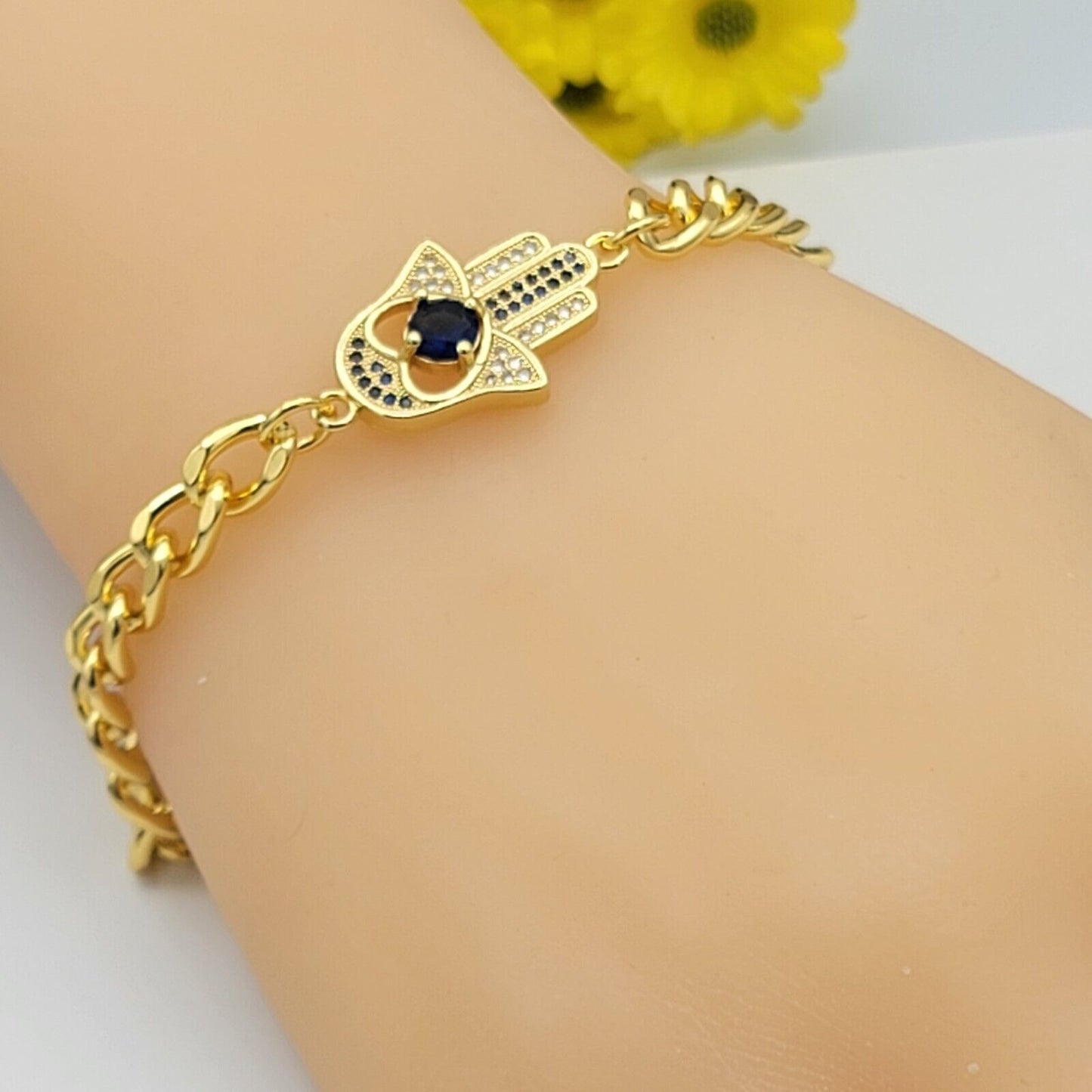 Bracelets - 14K Gold Plated. Blue Fatima Hand Bracelet. Curb Link Chain. Amulet. Oro Laminado