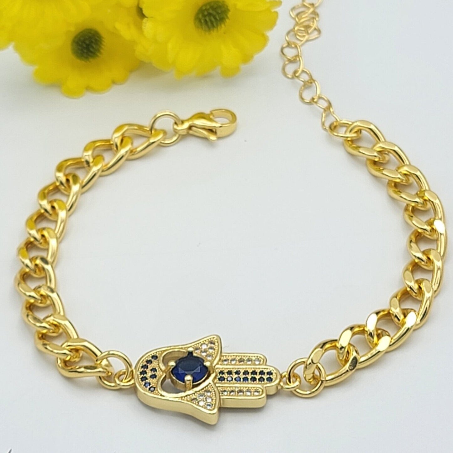 Bracelets - 14K Gold Plated. Blue Fatima Hand Bracelet. Curb Link Chain. Amulet. Oro Laminado