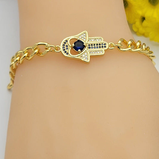Bracelets - 14K Gold Plated. Blue Fatima Hand Bracelet. Curb Link Chain. Amulet. Oro Laminado