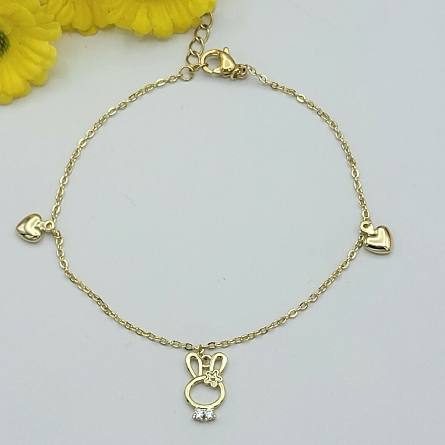 Bracelets - 14K Gold Plated. cute bunny rabbit & hearts charm link chain Bracelet