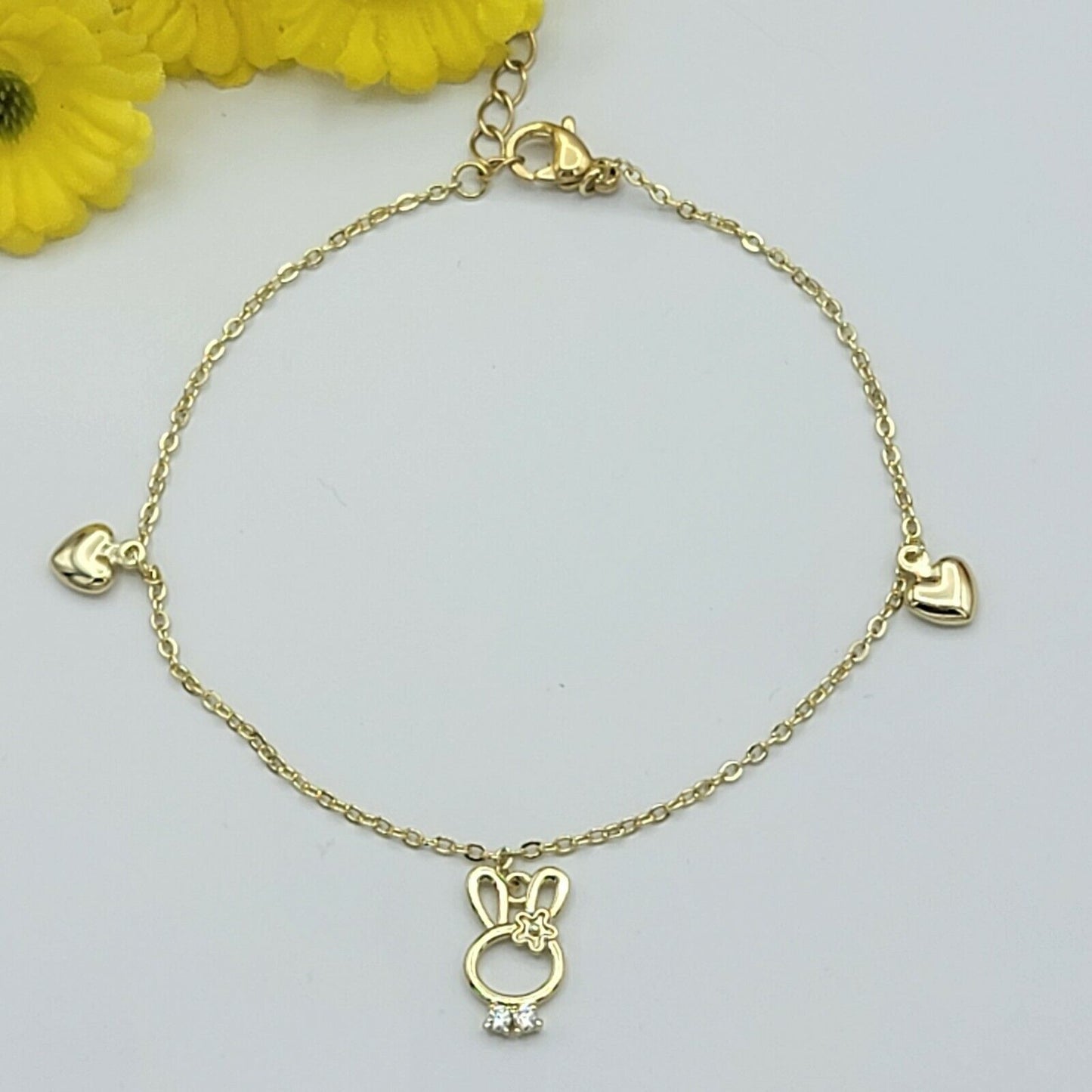 Bracelets - 14K Gold Plated. cute bunny rabbit & hearts charm link chain Bracelet