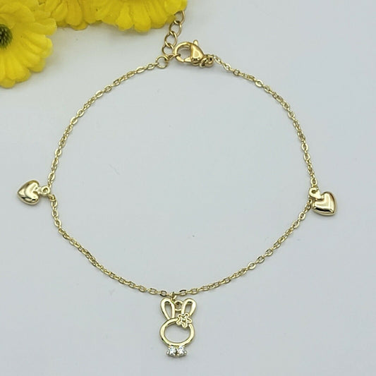 Bracelets - 14K Gold Plated. cute bunny rabbit & hearts charm link chain Bracelet