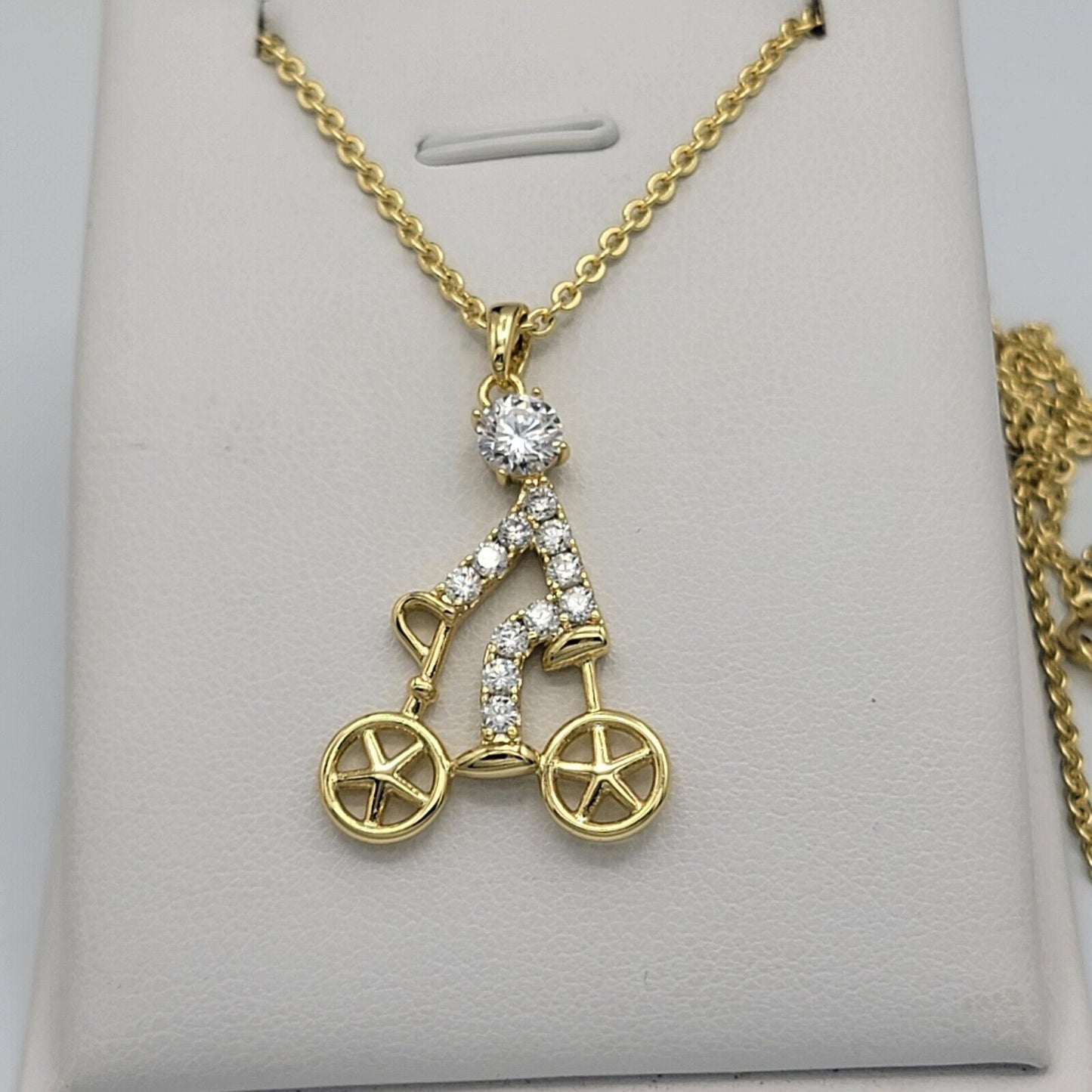 Necklaces - 14K Gold Plated. Clear Crystals Bicycle Bike Pendant & Chain.