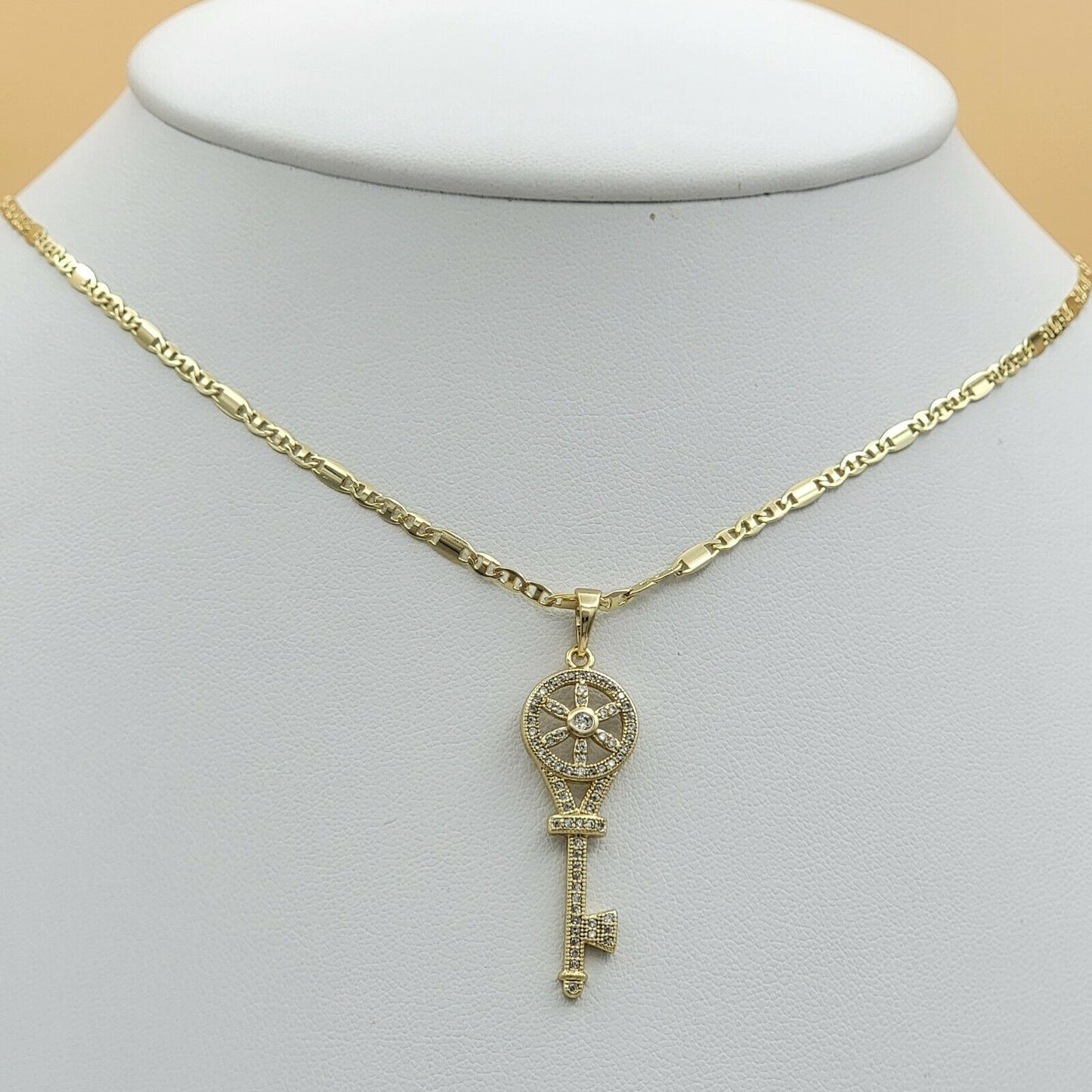 Necklaces - 14K Gold Plated. Elegant Flower CZ Key Pendant & Chain.