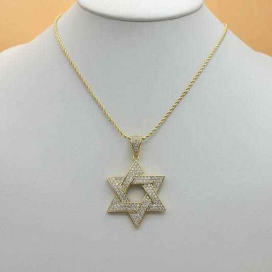 Necklaces - 14K Gold Plated. Hexagon 6 Point Icy Star Of David Cross Pendant & Chain.