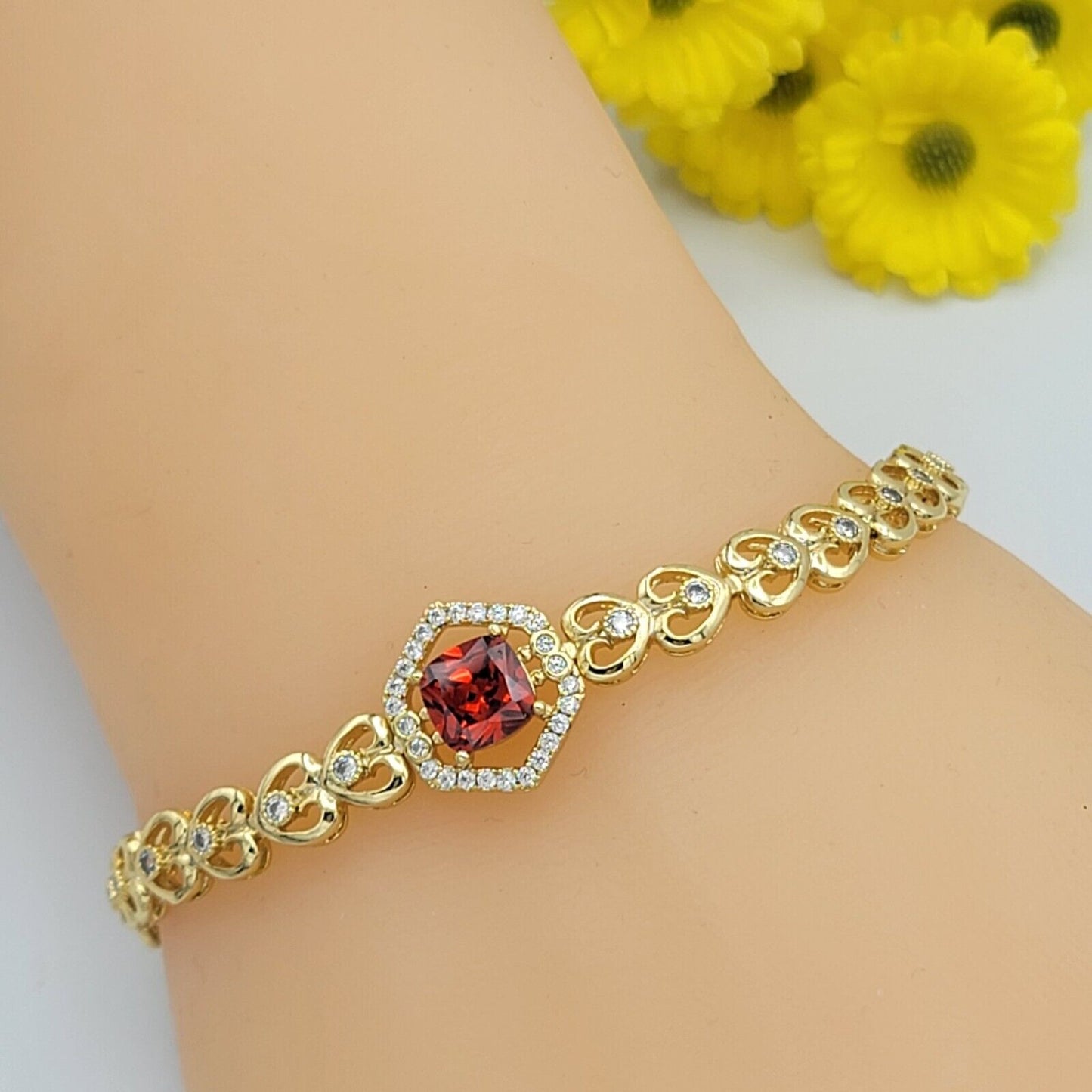 Bracelets - 14K Gold Plated. Hearts Chain Red CZ