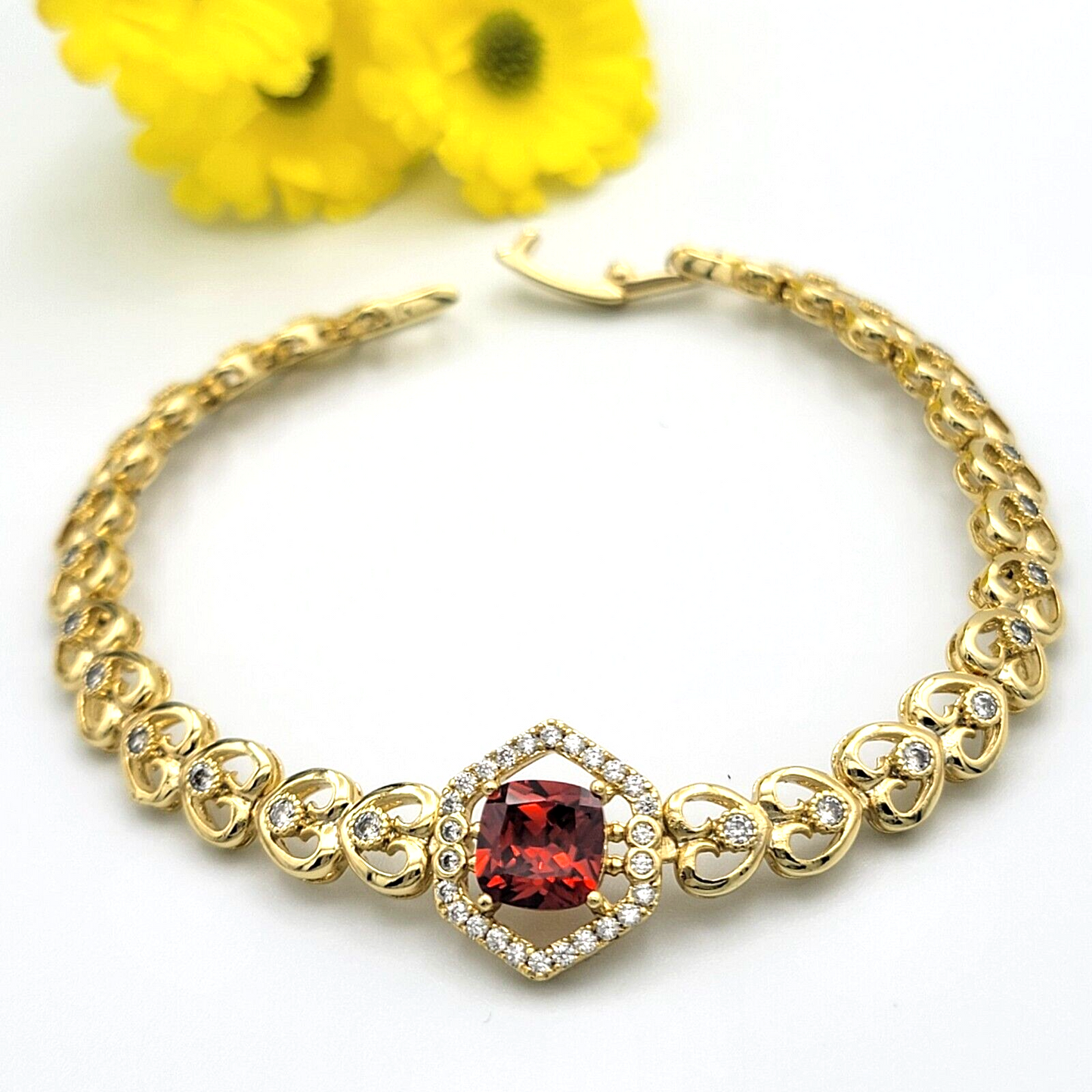Bracelets - 14K Gold Plated. Hearts Chain Red CZ