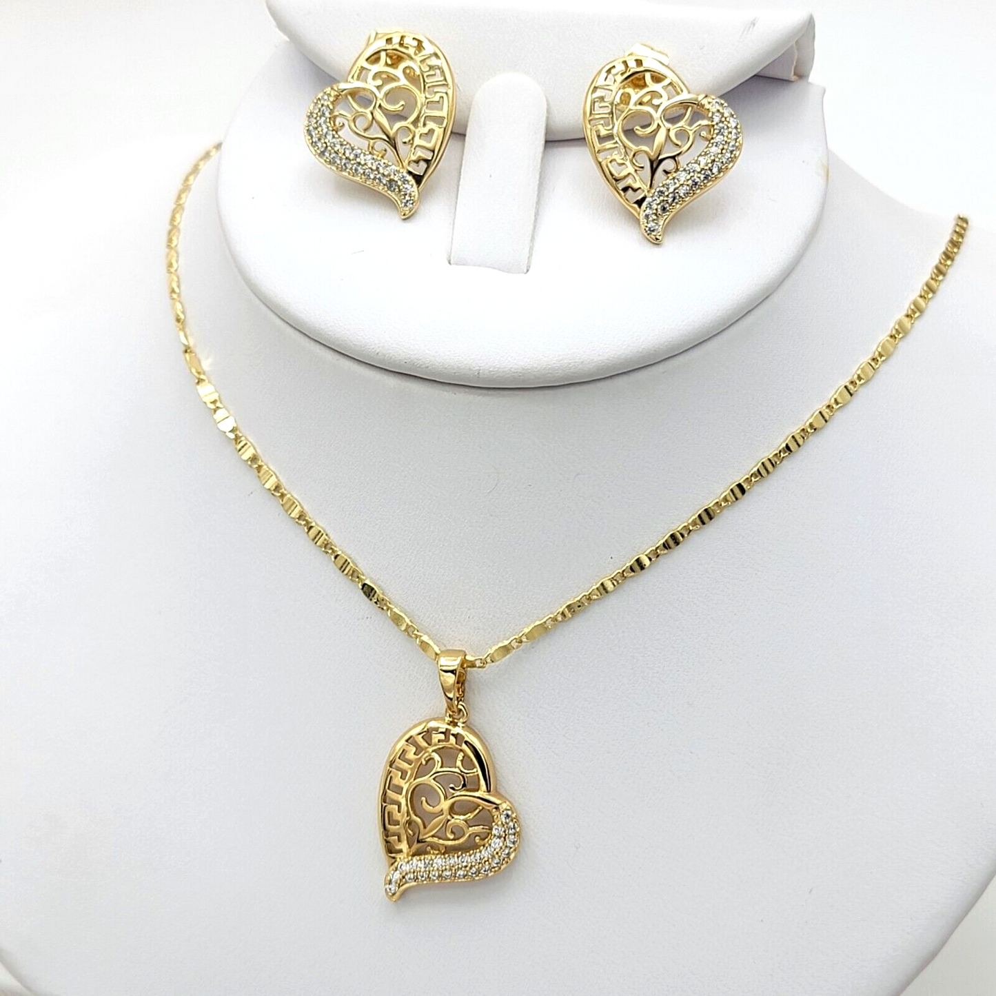 Sets - 14K Gold Plated. Heart Greek Design Crystals Pendant - Chain - Earrings Set