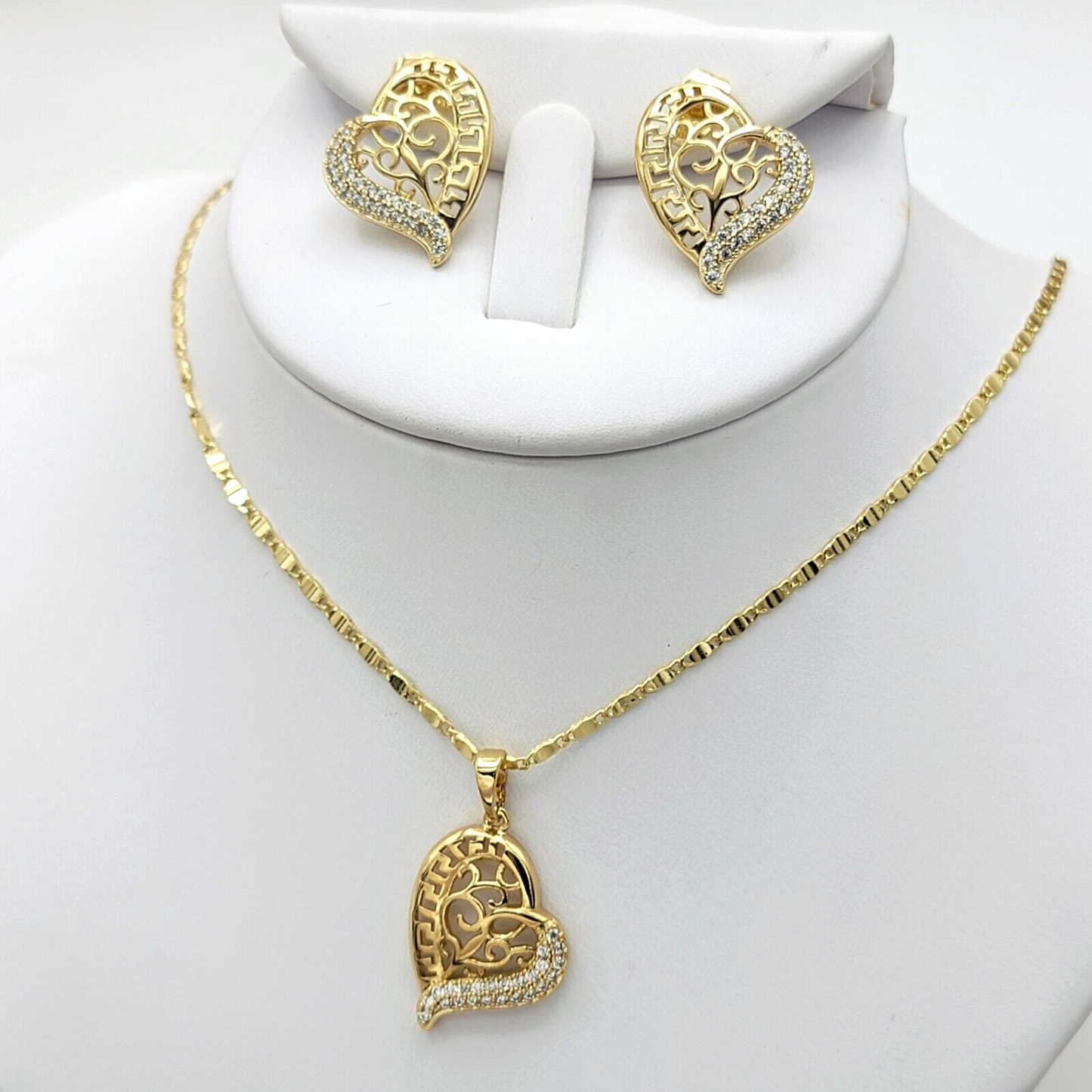 Sets - 14K Gold Plated. Heart Greek Design Crystals Pendant - Chain - Earrings Set