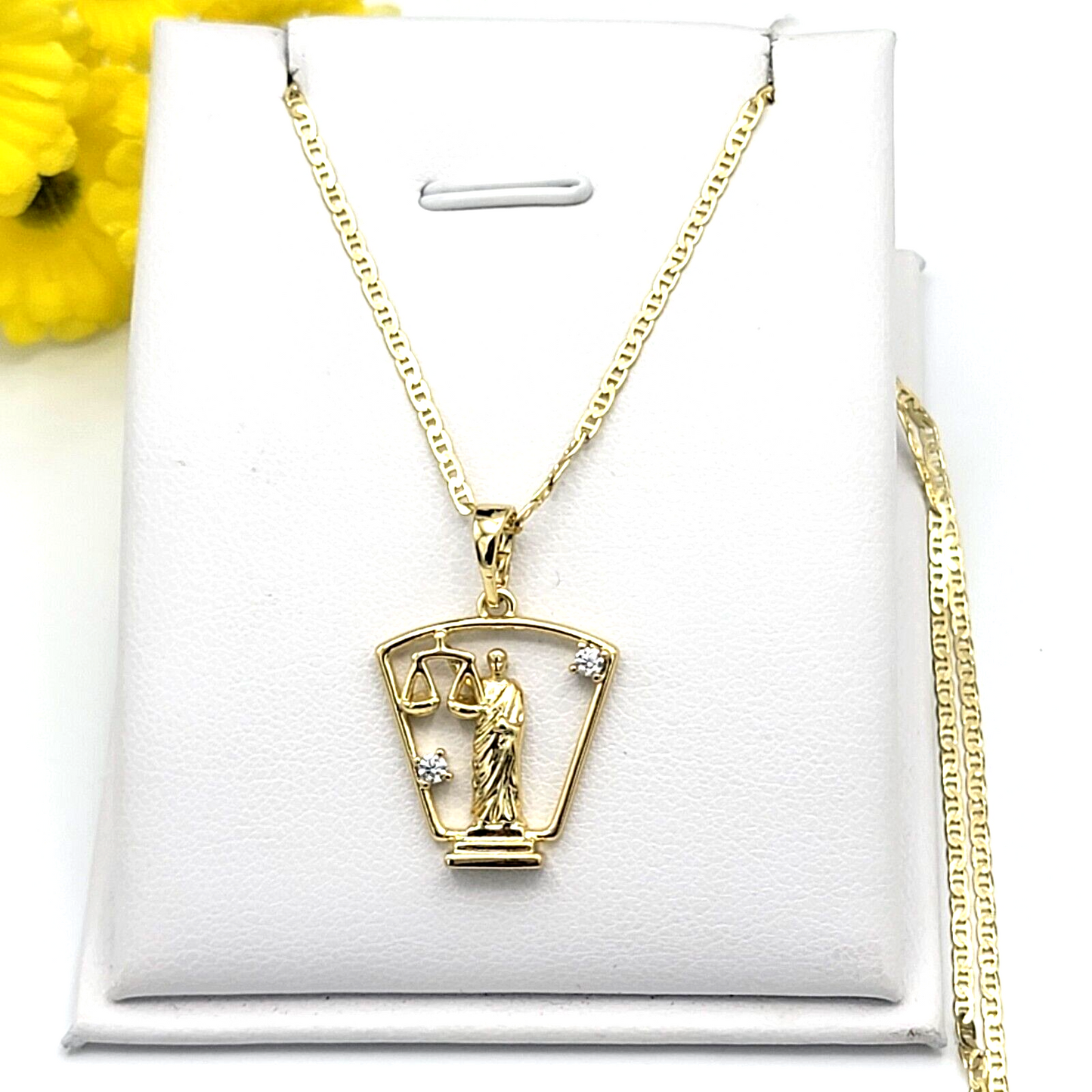 Necklaces - 14K Gold Plated. Lady Scale of Justice Statue Crystal Pendant & Chain.