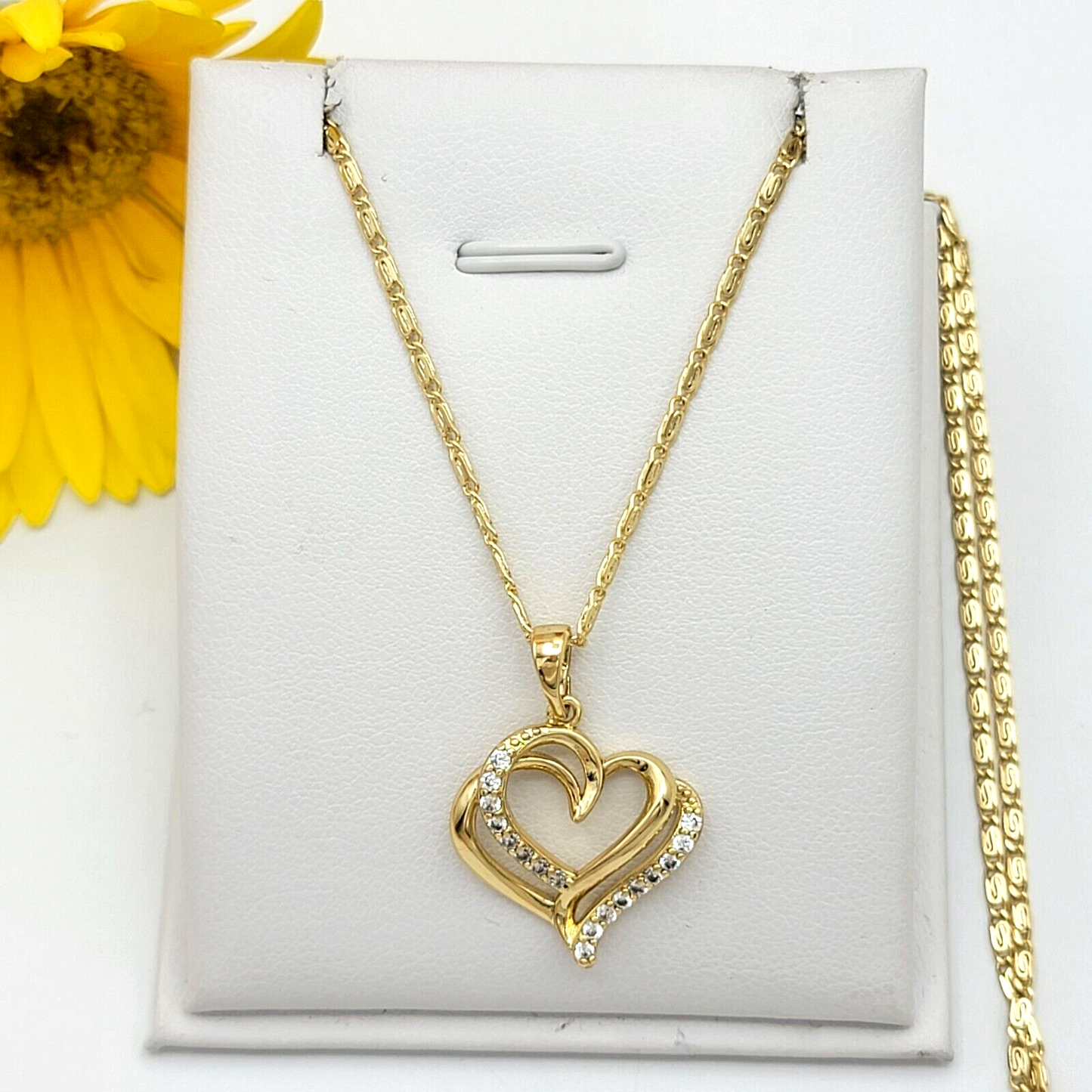 Necklaces - 14K Gold Plated. Crystal Double HEART Pendant & Chain.