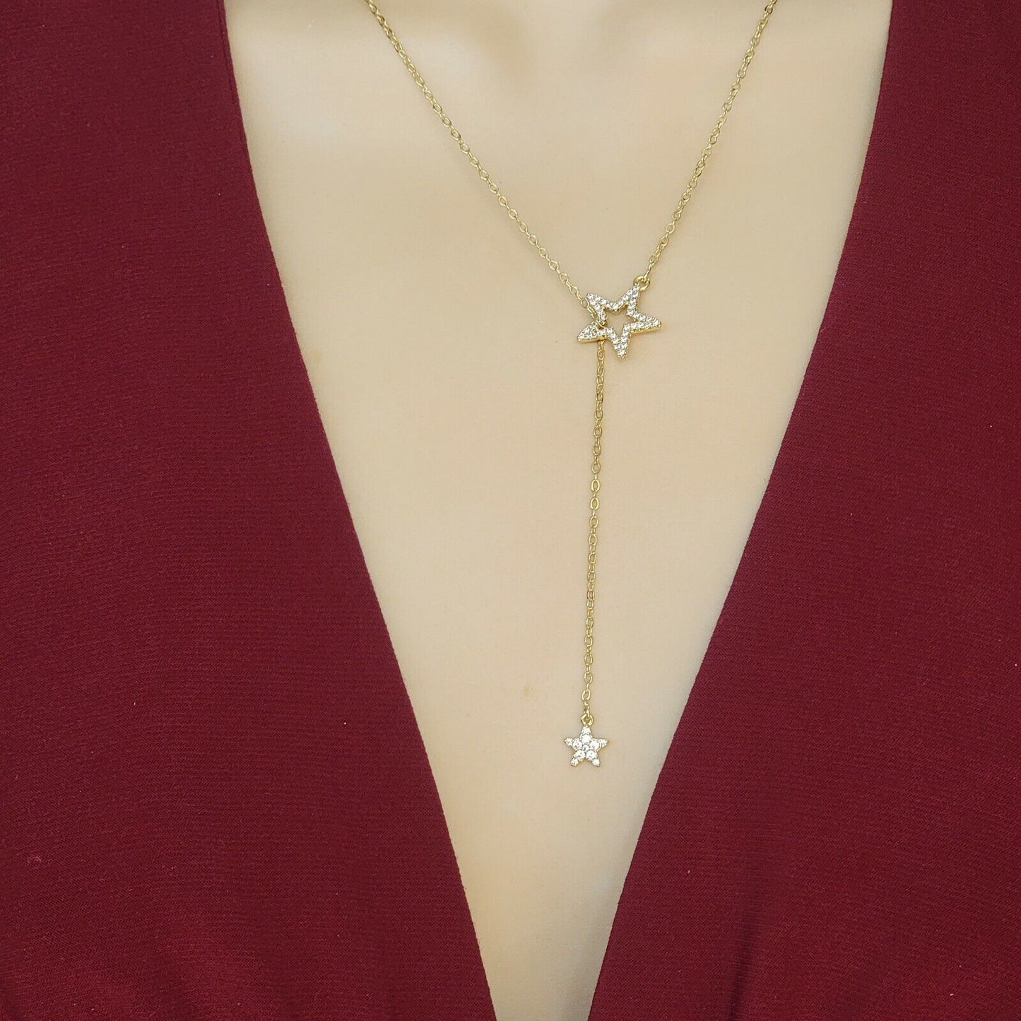 Necklaces - 14K Gold Plated. Double CZ STAR Pull Through Y Adjustable Necklace