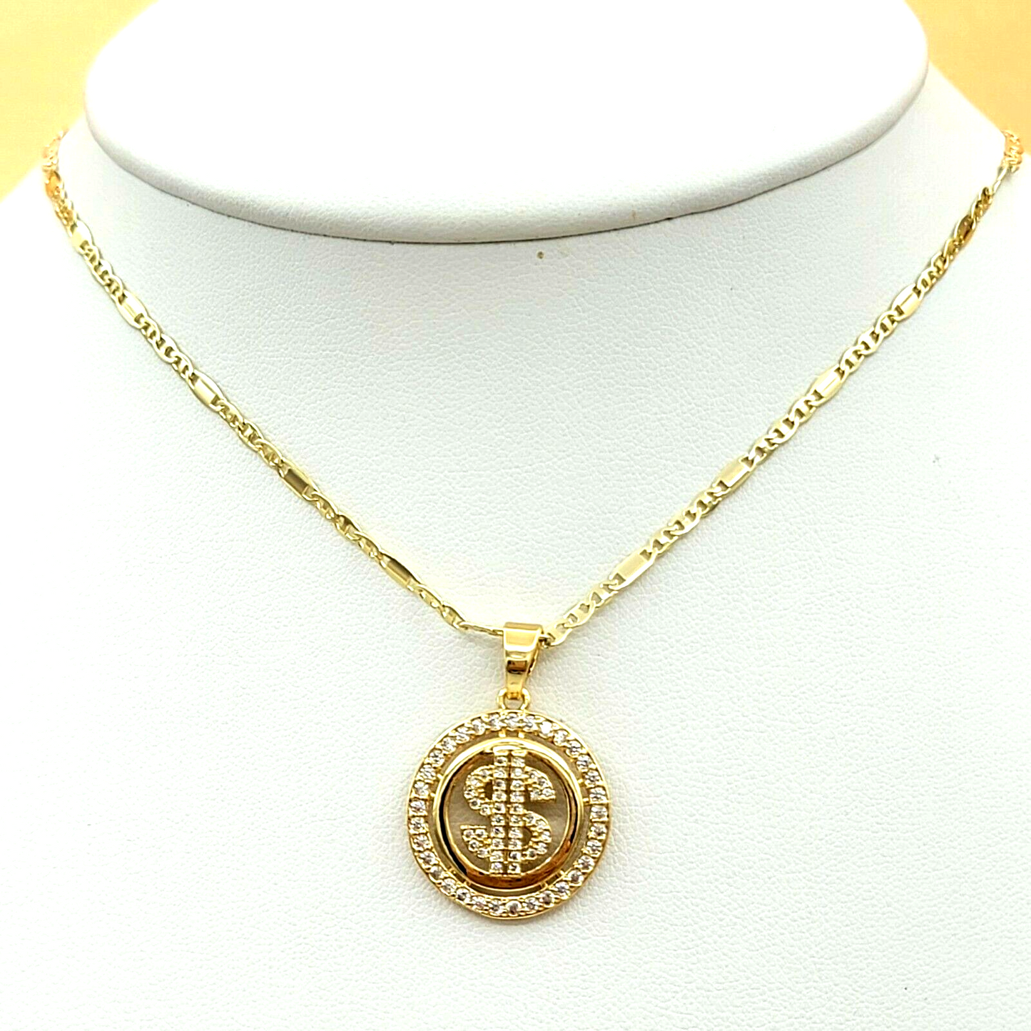 Necklaces - 14K Gold Plated. $ Dollar Sign Mark Money Symbol Pendant & Chain.