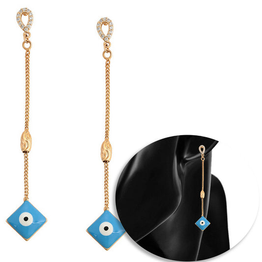 Earrings - 18K Gold Plated. Blue Eye Long Stud Earrings