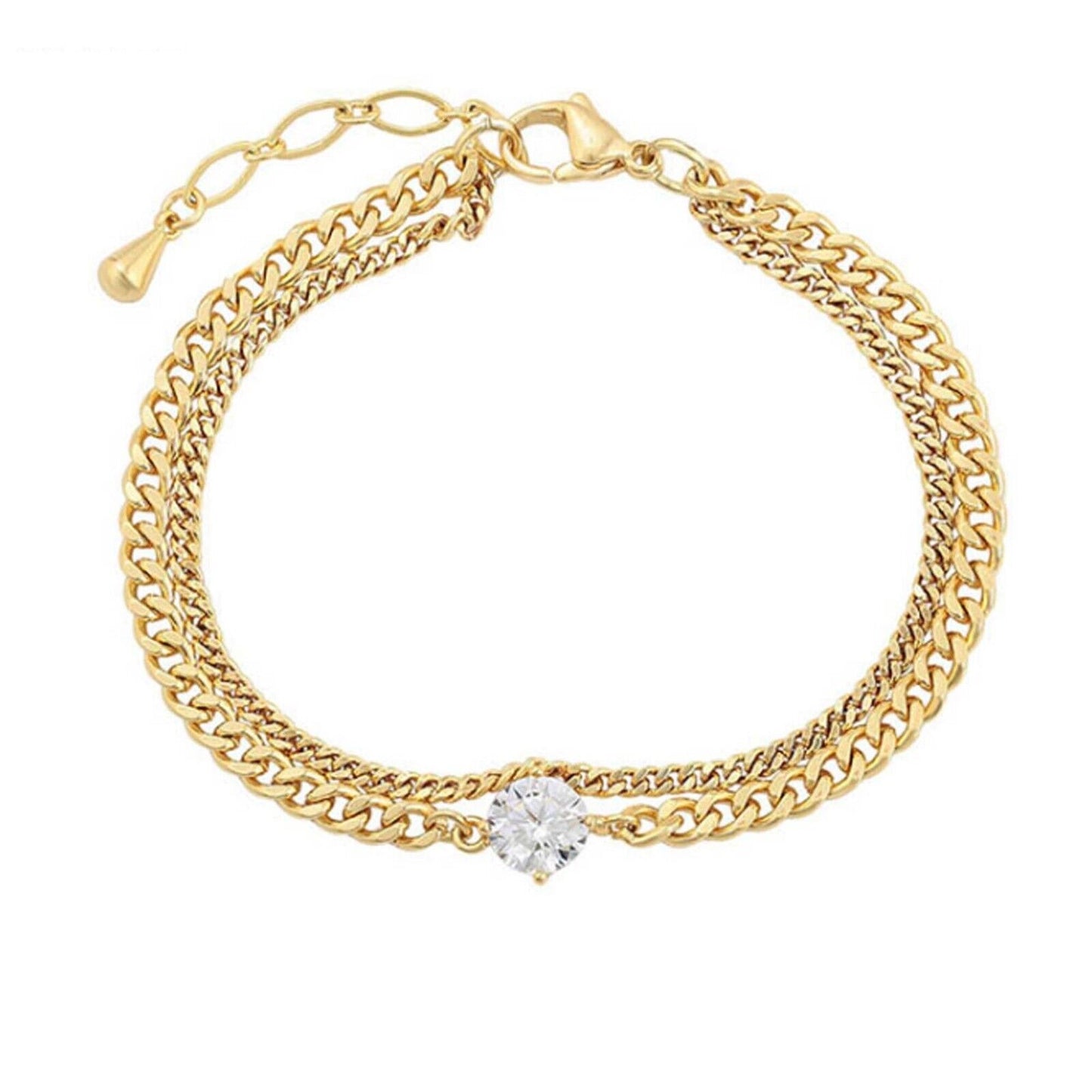 Bracelets - 14K Gold Plated. Double Chain Solitaire CZ crystal