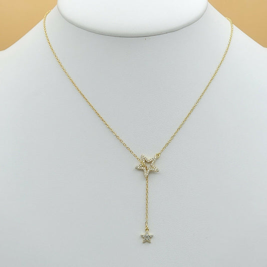 Necklaces - 14K Gold Plated. Double CZ STAR Pull Through Y Adjustable Necklace