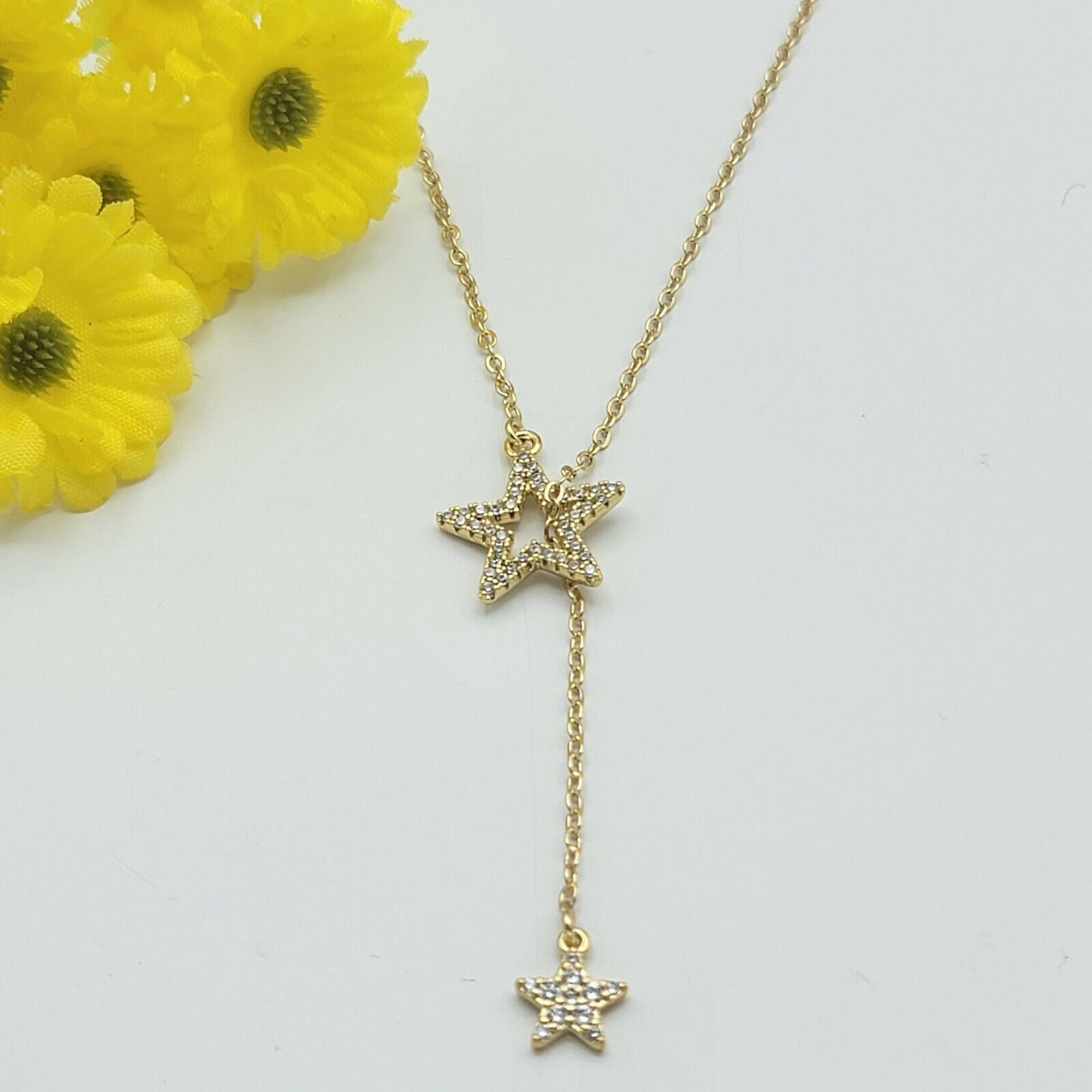 Necklaces - 14K Gold Plated. Double CZ STAR Pull Through Y Adjustable Necklace