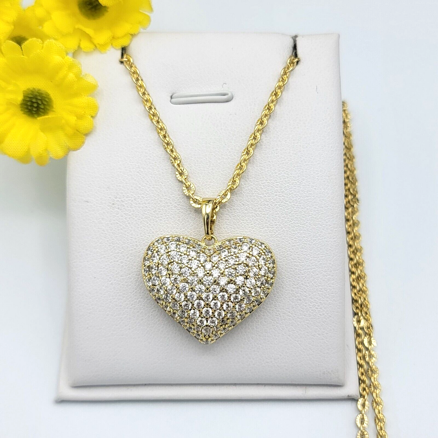 Necklaces - 14K Gold Plated. Crystal Puffed Icy LOVE HEART Pendant & Chain.
