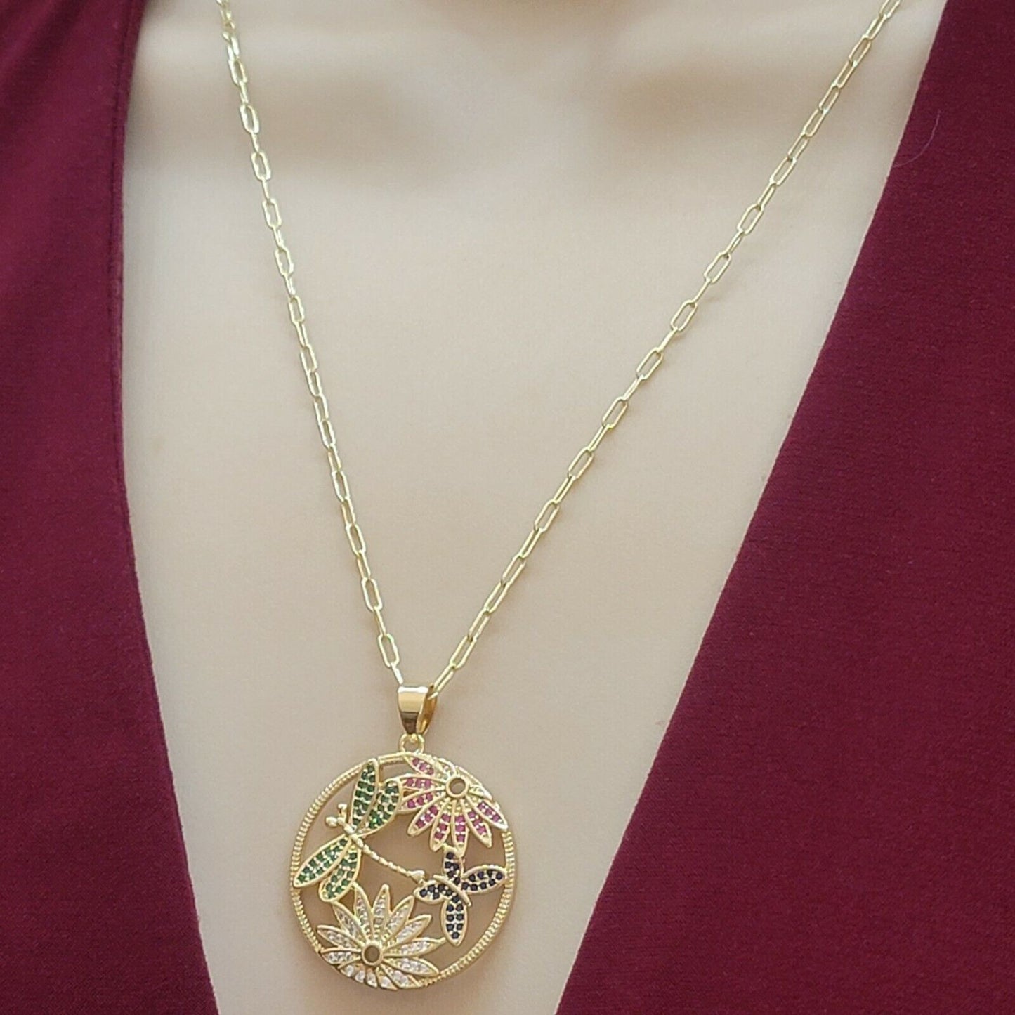 Necklaces - 14K Gold Plated. Dragonfly Butterfly & Flowers Multicolor crystals Pendant & Chain.
