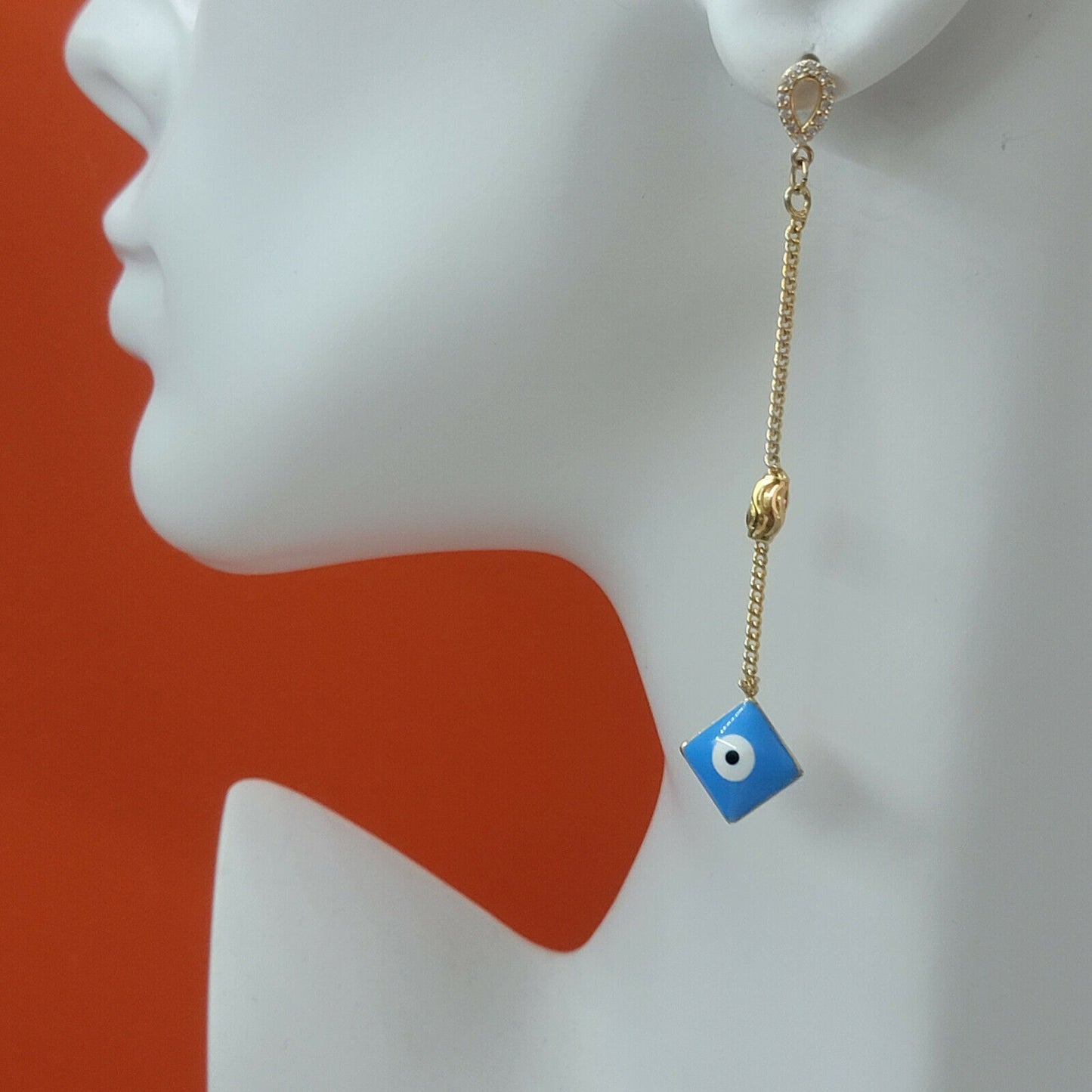 Earrings - 18K Gold Plated. Blue Eye Long Stud Earrings