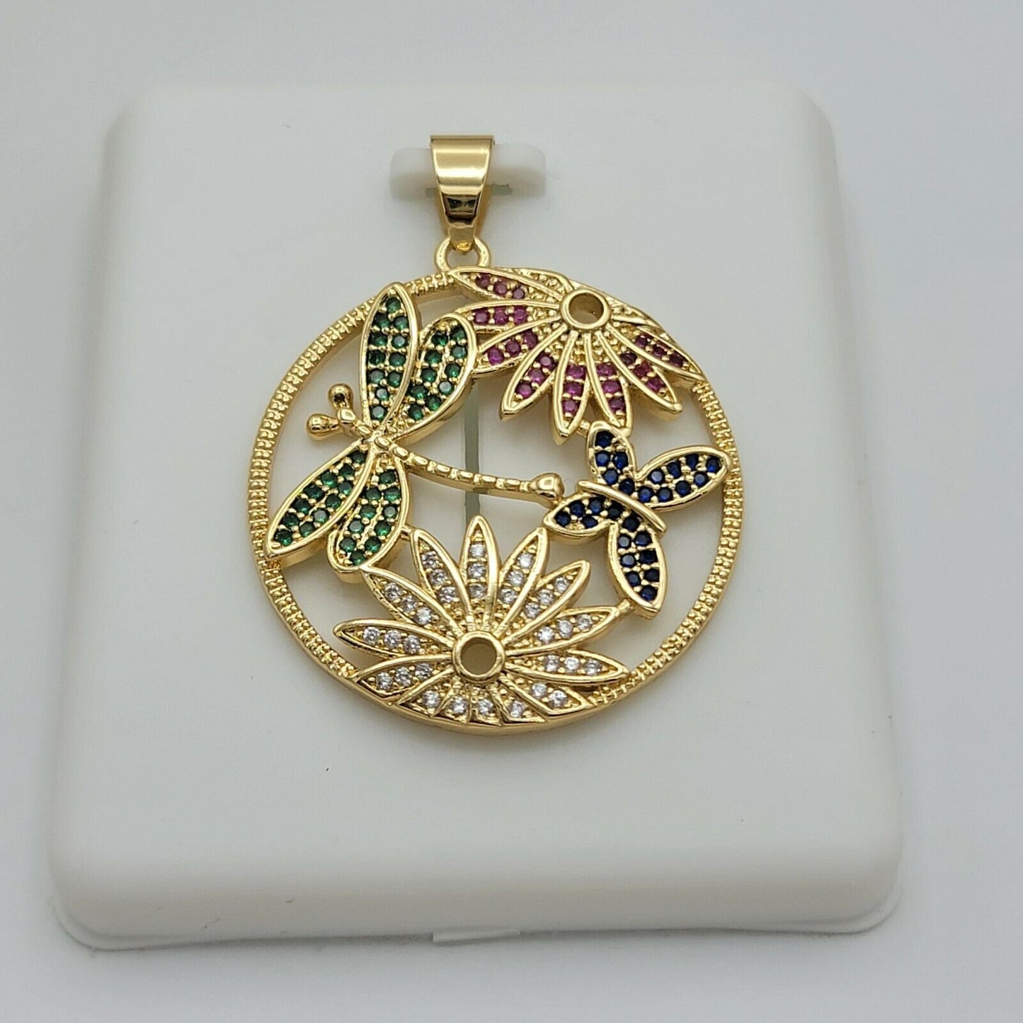 Necklaces - 14K Gold Plated. Dragonfly Butterfly & Flowers Multicolor crystals Pendant & Chain.