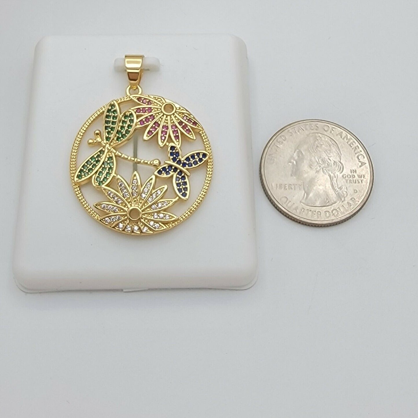 Necklaces - 14K Gold Plated. Dragonfly Butterfly & Flowers Multicolor crystals Pendant & Chain.