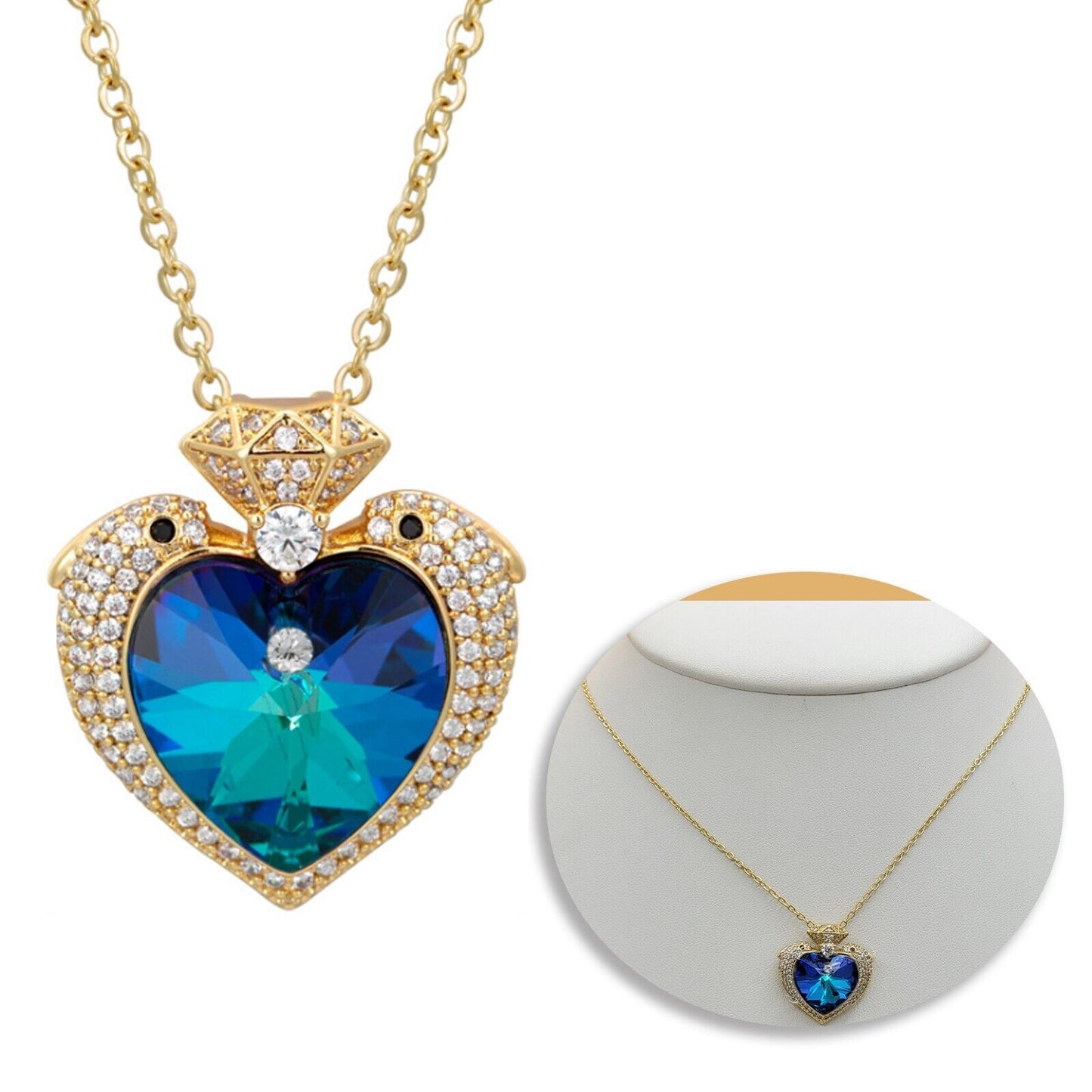 Necklaces - 14K Gold Plated. Blue Crystal Dolphins Heart Pendant & Chain.