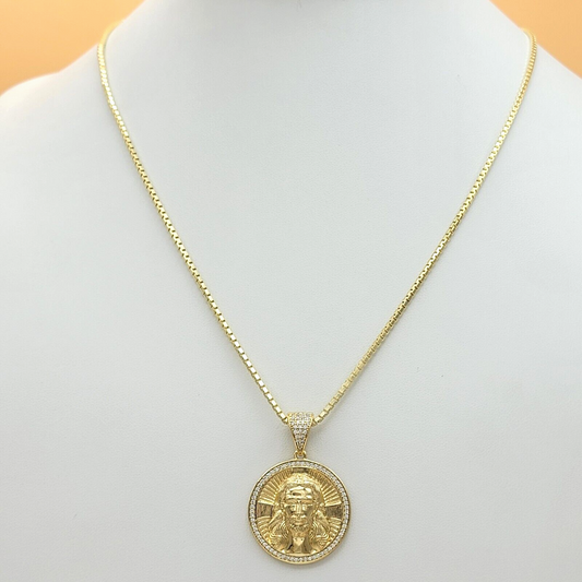 Necklaces - 14K Gold Plated. CZ Jesus Christ Face Pendant & Chain.