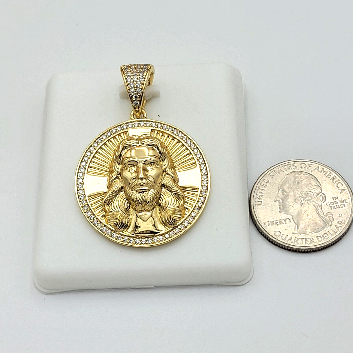 Necklaces - 14K Gold Plated. CZ Jesus Christ Face Pendant & Chain.