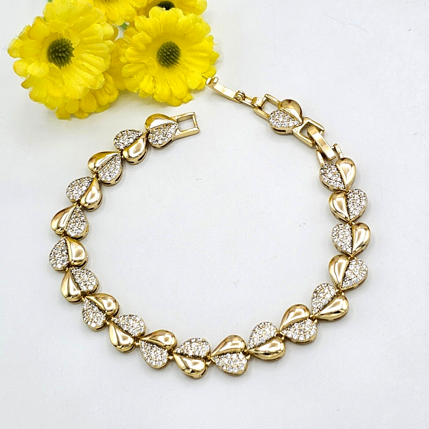 Bracelets - 14K Gold Plated. Hearts Clear Crystals bracelet