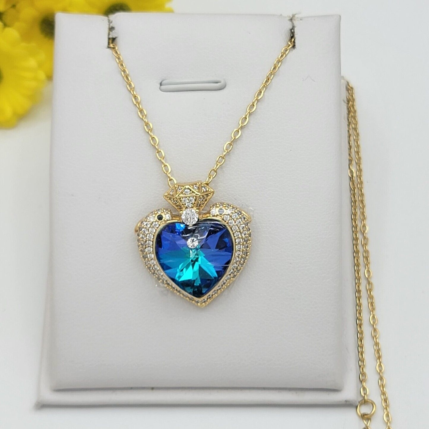 Necklaces - 14K Gold Plated. Blue Crystal Dolphins Heart Pendant & Chain.