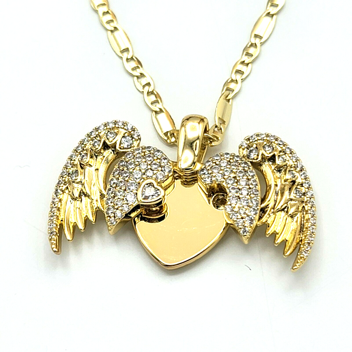 Necklaces - 14K Gold Plated. Crystal Icy HEART w WINGS Pendant & Chain.