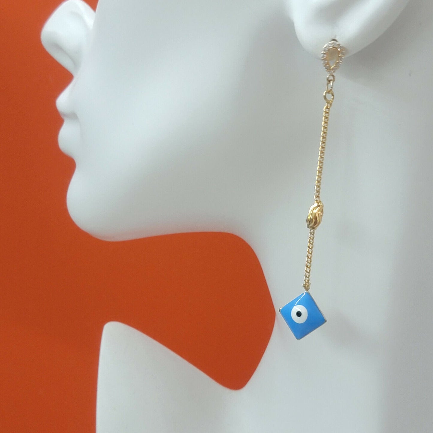Earrings - 18K Gold Plated. Blue Eye Long Stud Earrings