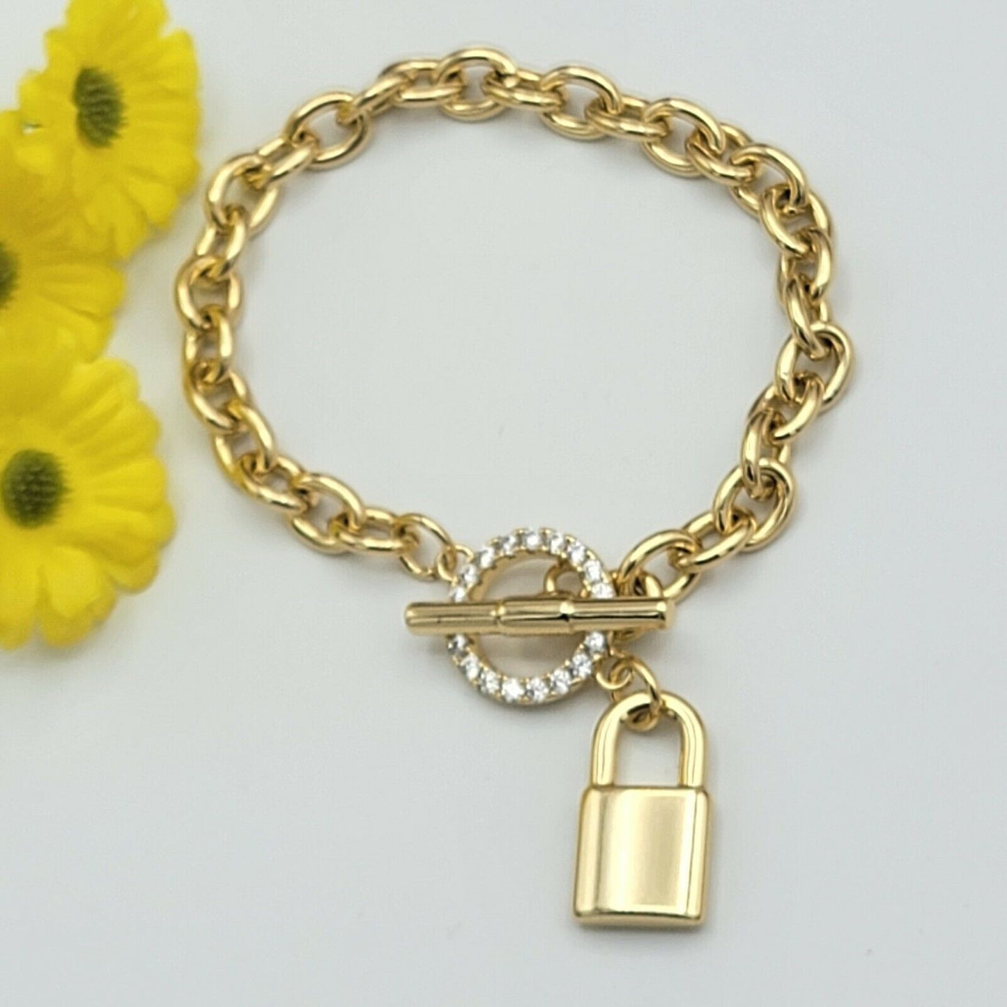 Bracelets - 14K Gold Plated. Padlock Charm Chain - Small Wrists 6.5in