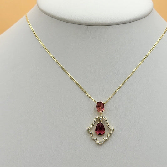Necklaces - 14K Gold Plated. Hamsa Fatima Hand Dark Pink Red CZ Movable Charm Pendant & Chain.